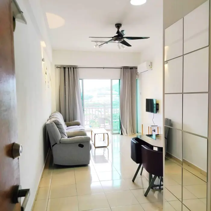 The balcony at Comfy Home looking over Bayan Lepas towards the hills