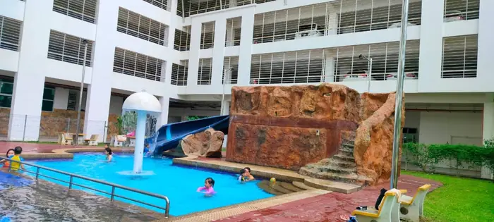 The swimming pool and children's water slide