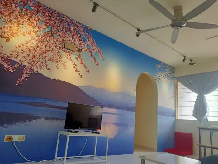 Mount Fuji painted across the living room wall at Fuji Home