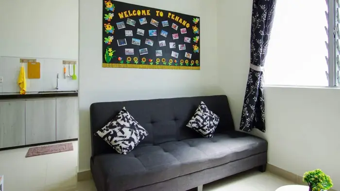 The sofa and the welcome board
