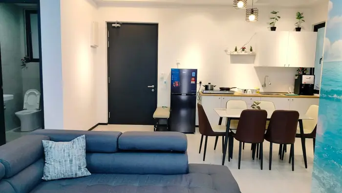 The kitchen and living area
