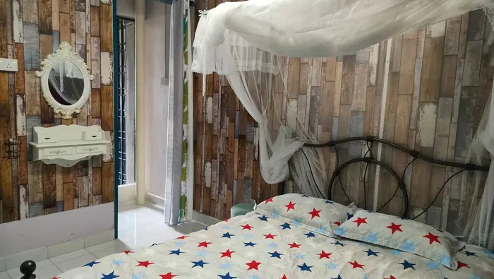 A bedroom with a mosquito net over the bed